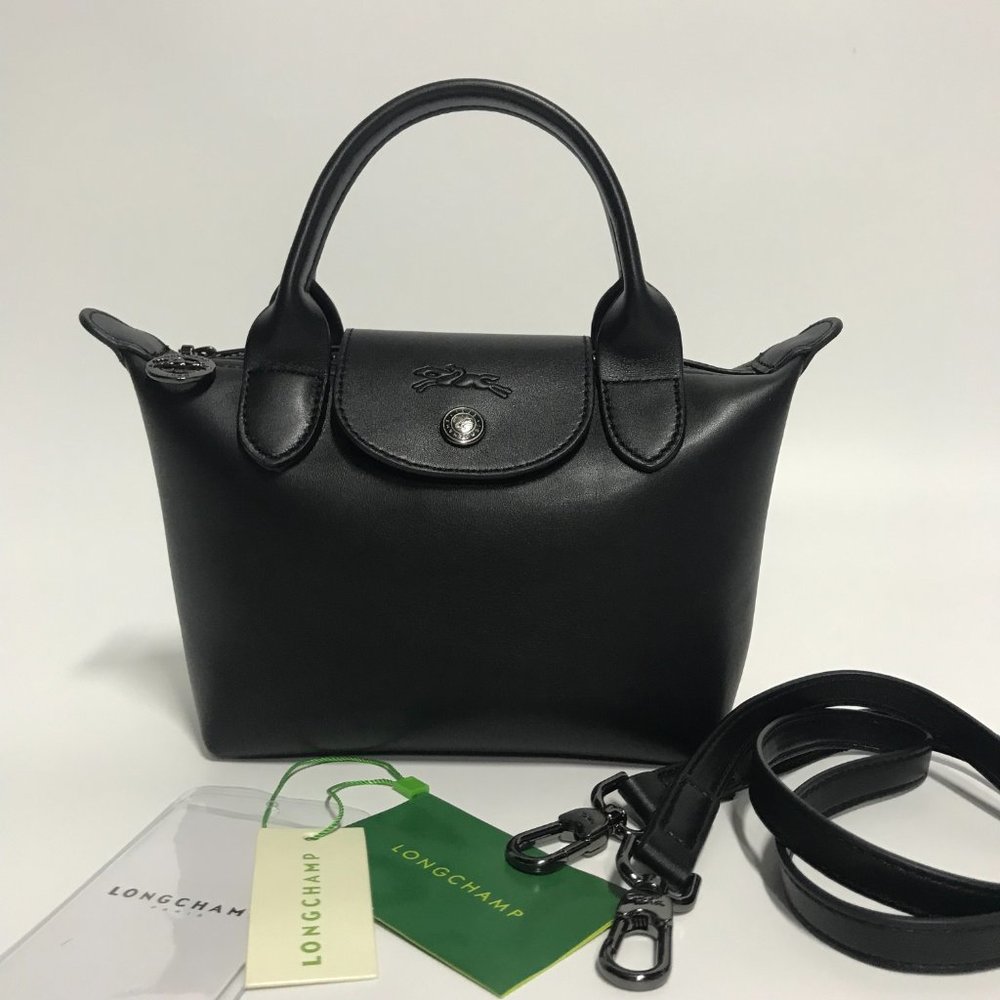 Longchamp Le Pliage Cuir Top Handle Black Bag
